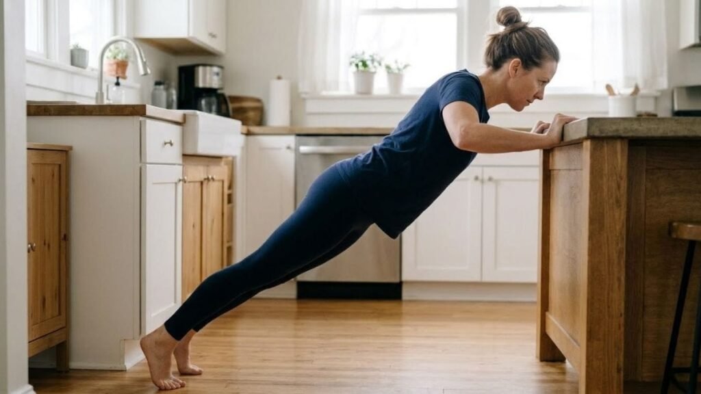 Woman doing an incline push-up on a kitchen counter, a home workout without equipment