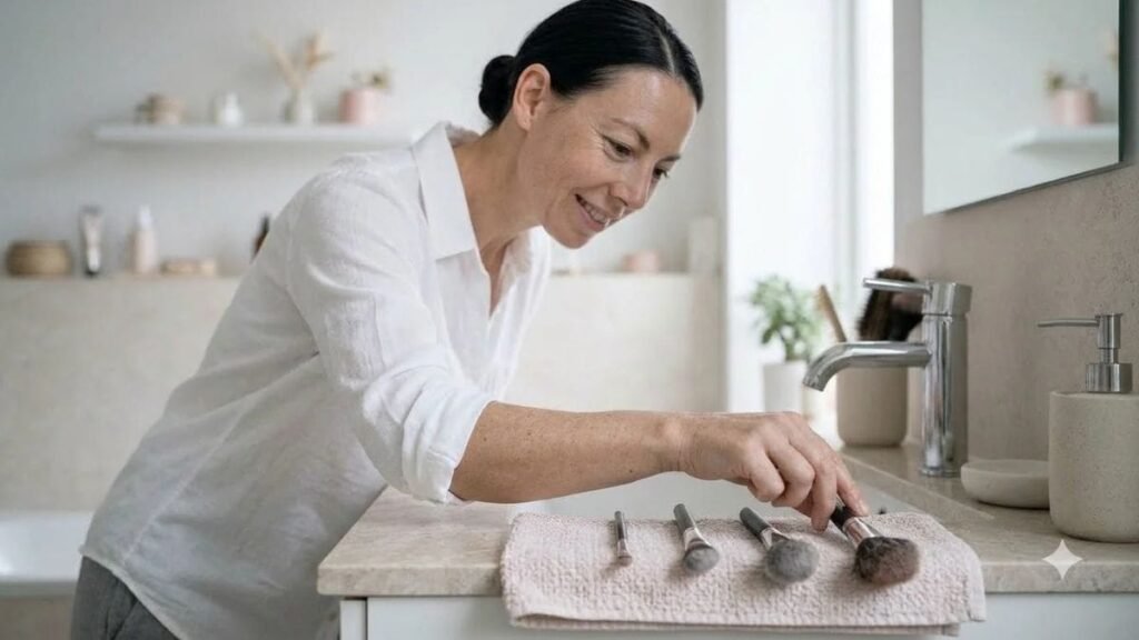 Woman drying brushes flat with tips over the edge, how to clean makeup brushes