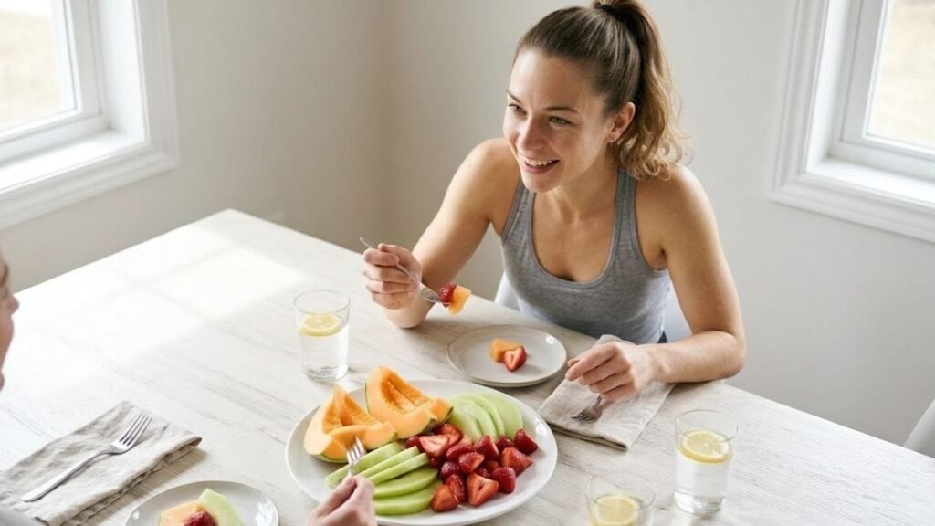 Woman eating melon and strawberries, water-rich foods for how to drink more water