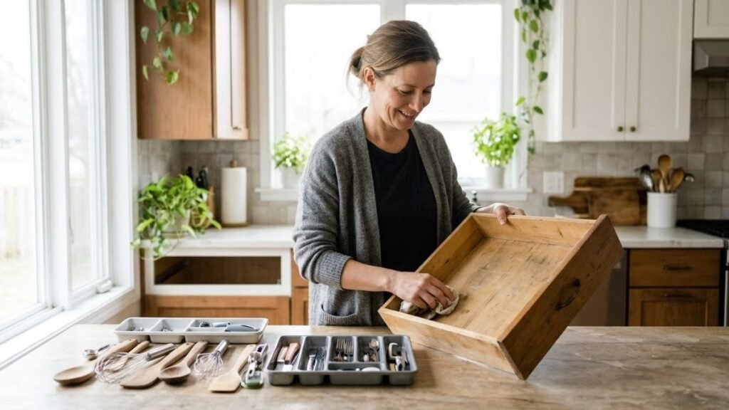 Woman emptying a kitchen drawer onto the counter, an example of how to declutter your home