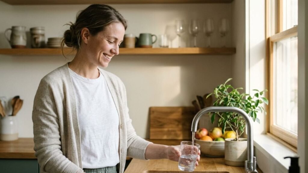 Woman filling a glass of water in a sunlit kitchen, one of her healthy daily habits