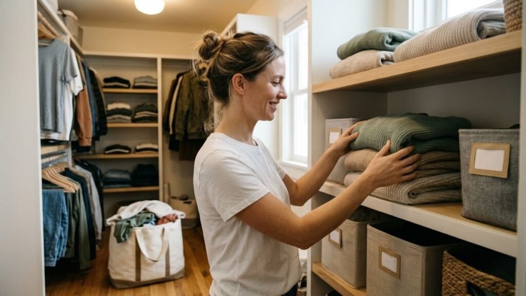 Woman folding sweaters in a tidy closet, a result of how to declutter your home