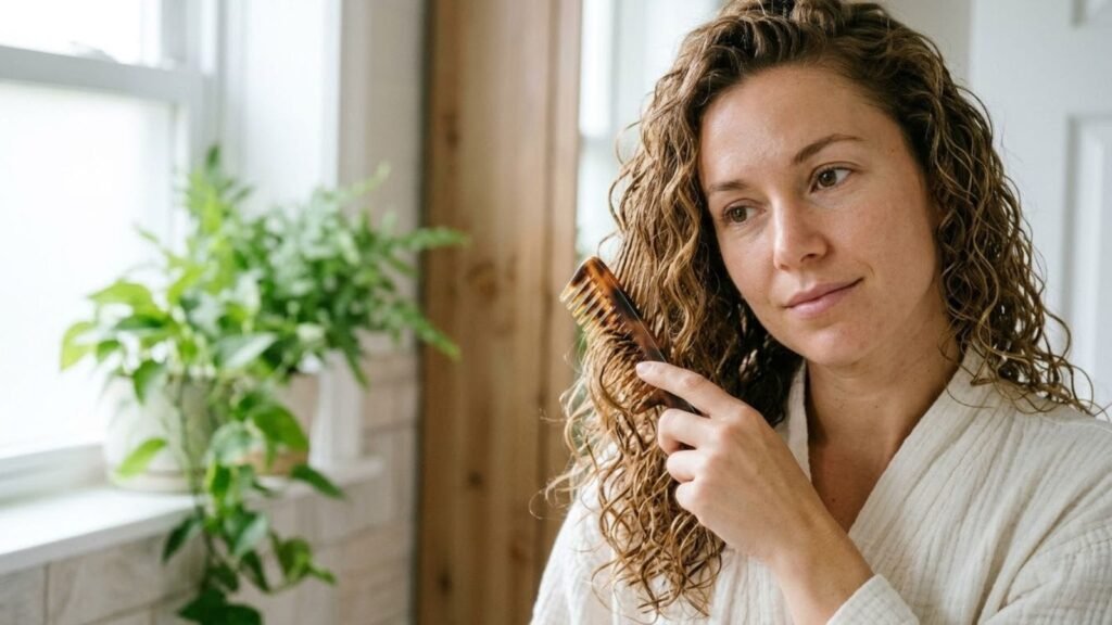 Woman gently combing wet curls, showing how to detangle curly hair