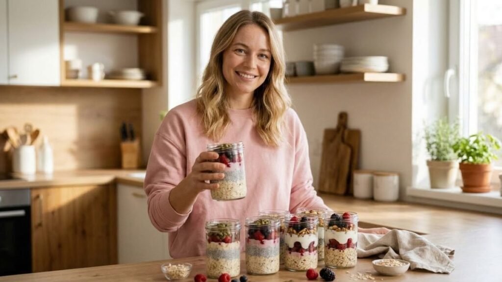 Woman holding overnight oats, one of the healthy breakfast ideas meal prep