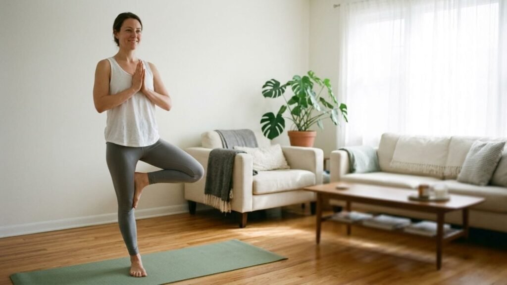 Woman in a gentle standing yoga pose on a mat, yoga for beginners at home
