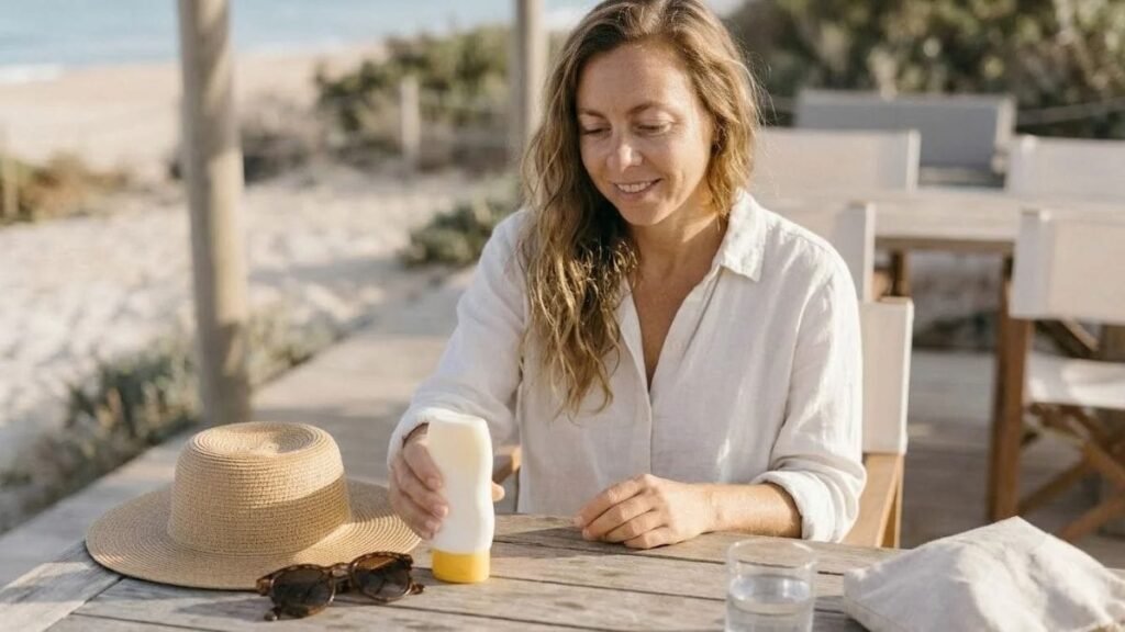 Woman in shade with sunscreen, a hat and sunglasses, how to choose sunscreen