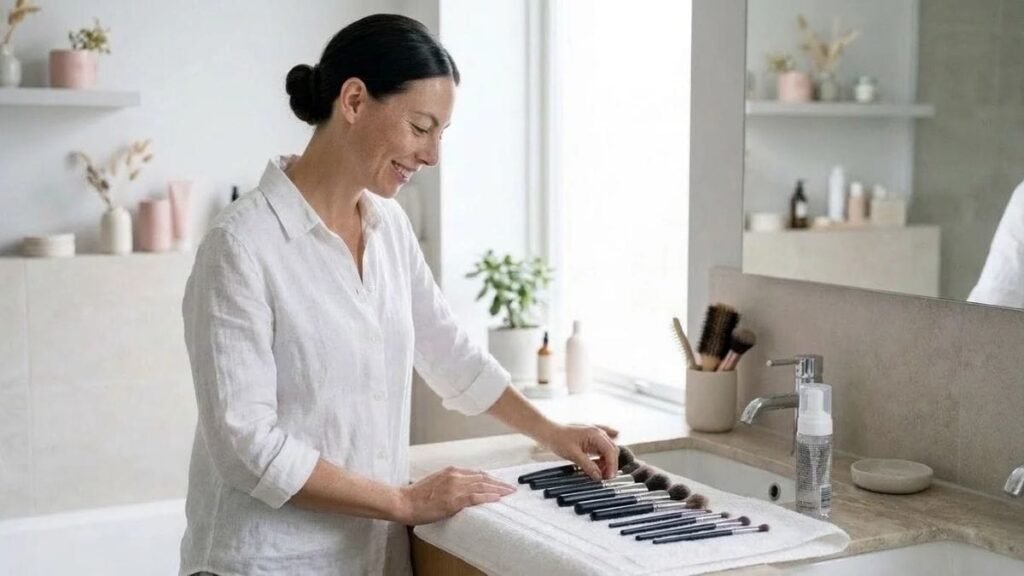 Woman lining up clean makeup brushes after learning how to clean makeup brushes