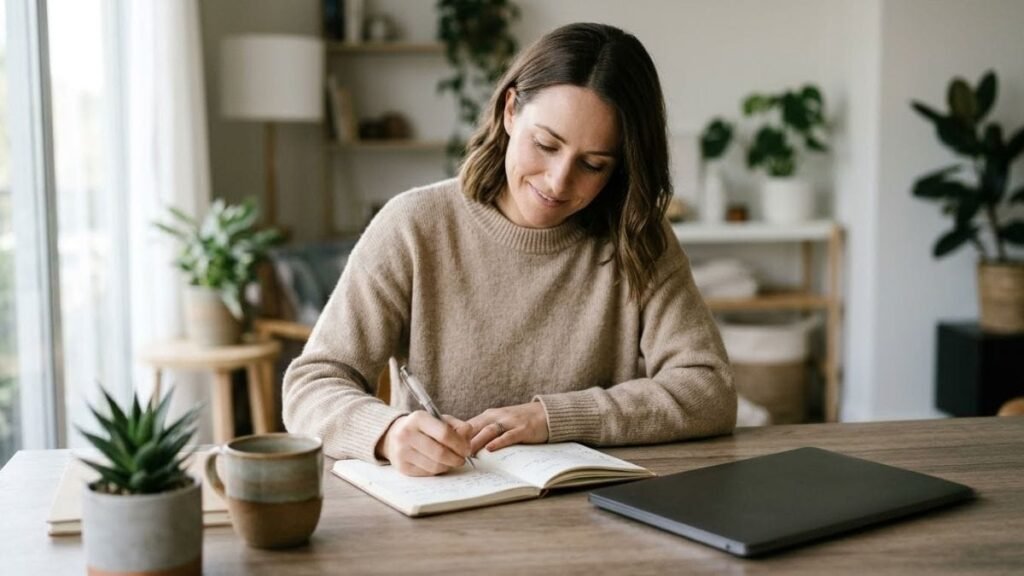 Woman planning her day in a notebook at a tidy home desk beside a window