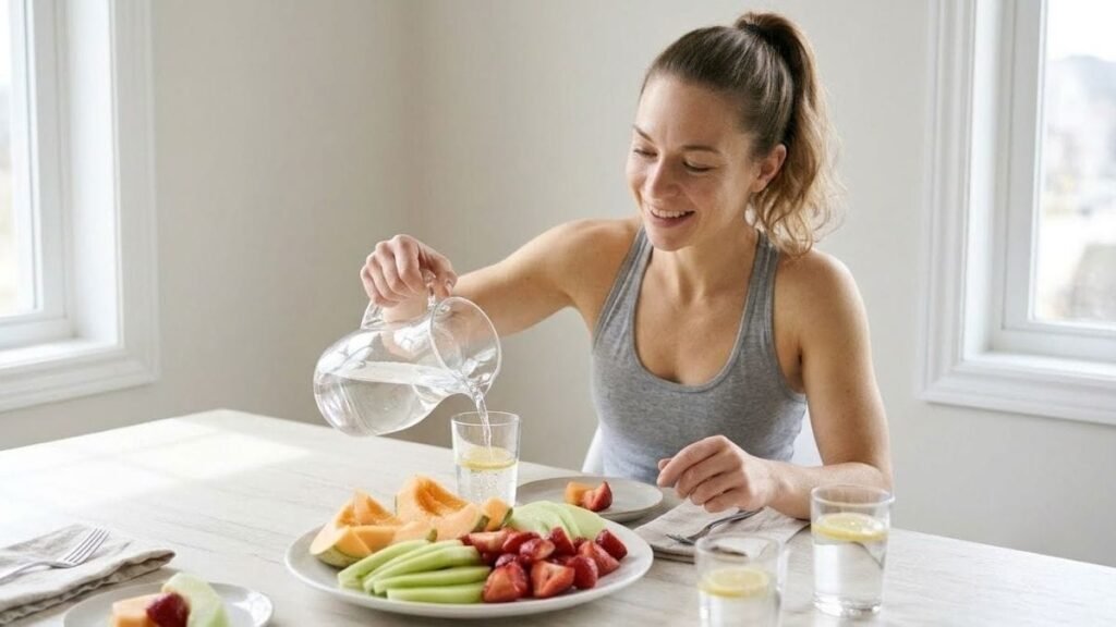 Woman pouring water at a meal, a habit for how to drink more water