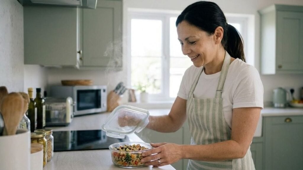 Woman reheating a prepared meal, a result of meal prep for beginners