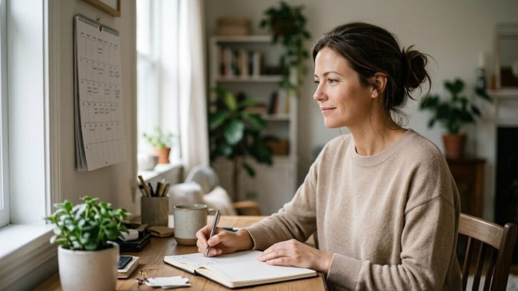 Woman reviewing a calendar and notebook at a tidy home desk to plan her habits