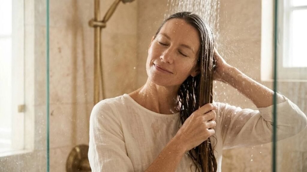 Woman rinsing hair with cool water, a habit in how to get shiny hair