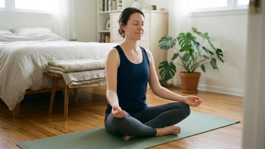 Woman seated cross-legged on a yoga mat with eyes closed, breathing calmly at home