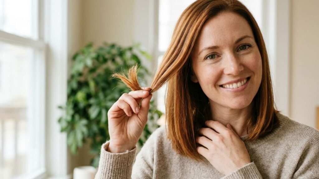 Woman showing healthy hair ends, a result of a hair care routine for split ends
