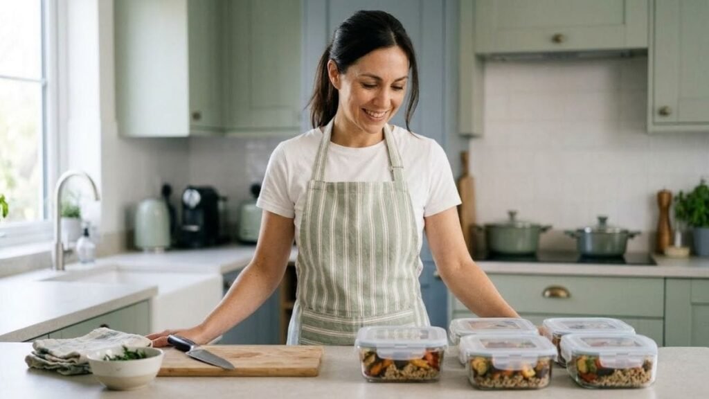 Woman showing prepared meal containers, meal prep for beginners