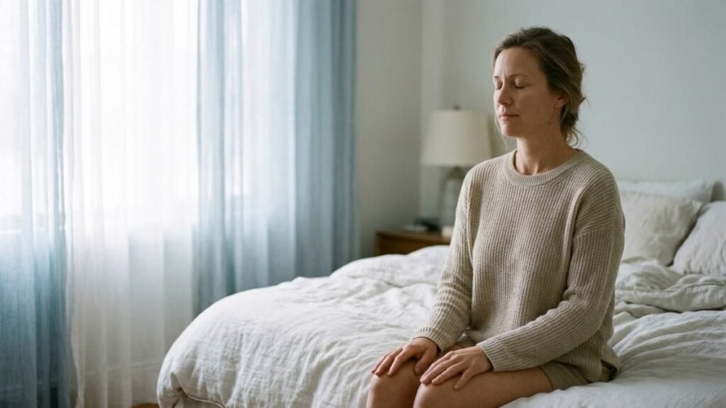 Woman sitting on the edge of her bed with closed eyes taking one calm minute
