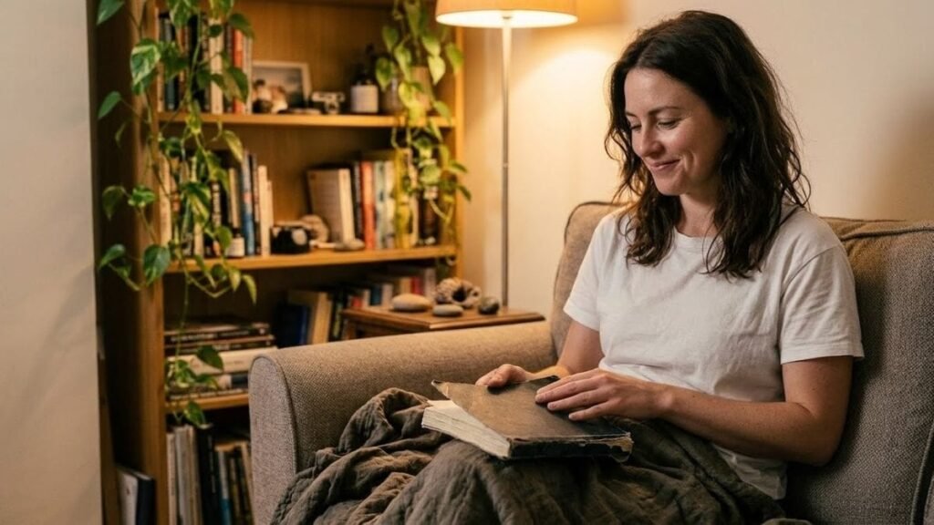 Woman smiling as she closes a worn notebook on a sofa after journaling