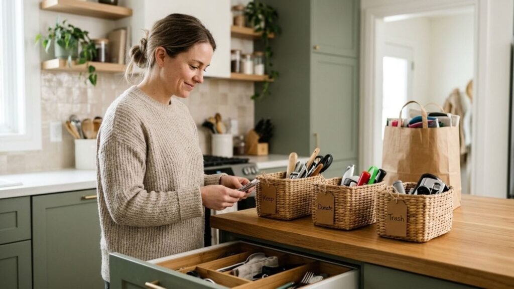 Woman sorting a kitchen drawer into baskets, showing how to declutter your home