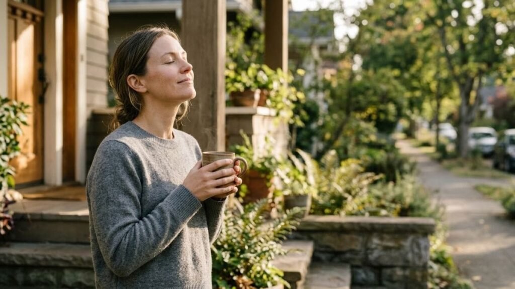 Woman standing in morning sun with a mug, one of the simple healthy daily habits