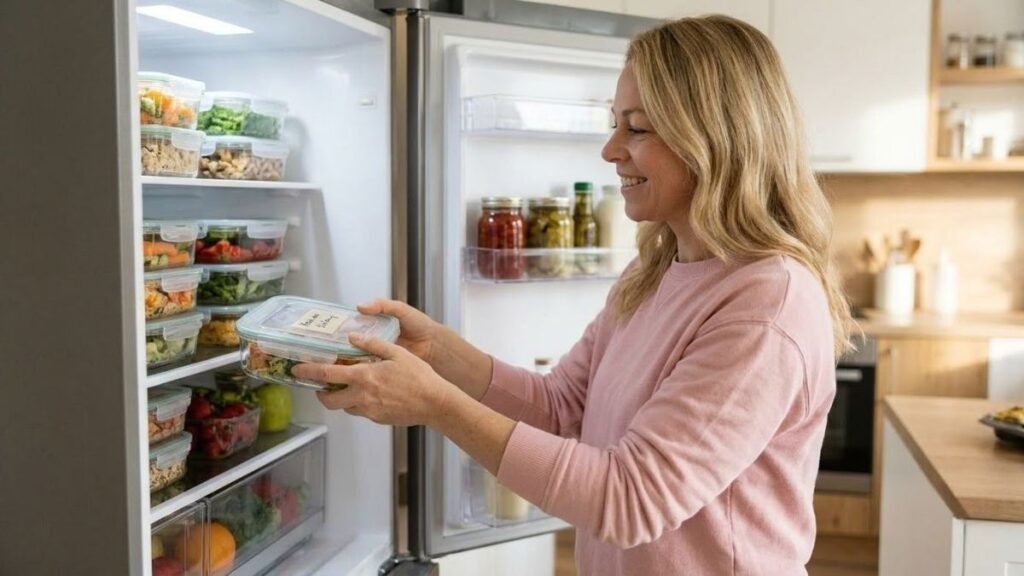 Woman storing breakfast containers for healthy breakfast ideas meal prep