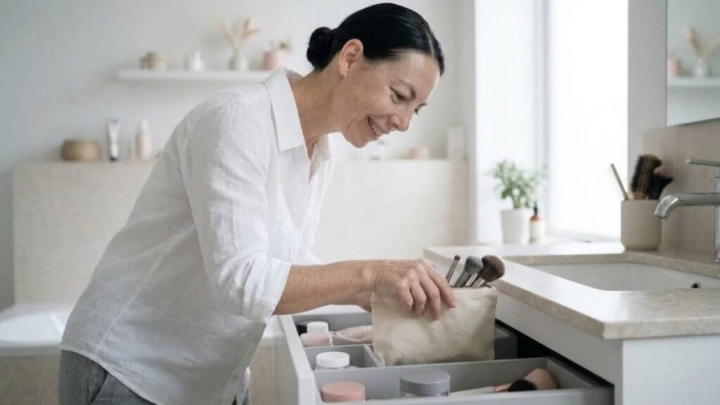 Woman storing clean brushes in a pouch in a drawer, how to clean makeup brushes