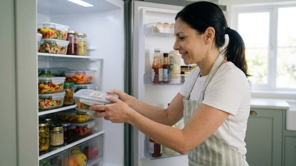 Woman storing labeled meal containers, meal prep for beginners