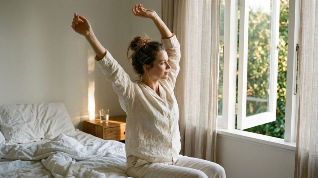 Woman stretching beside an open bedroom window at sunrise, a calm start to morning routine ideas