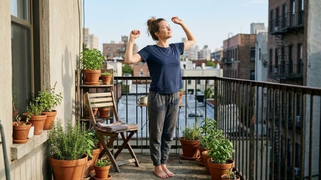 Woman stretching on a sunlit balcony with potted herbs, one of seven morning routine ideas