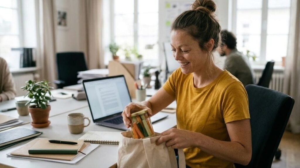 Woman taking a snack container from her bag, a tip from a healthy snacks list