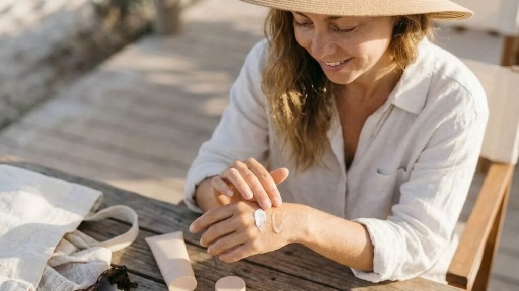 Woman testing sunscreen cream and lotion textures, how to choose sunscreen