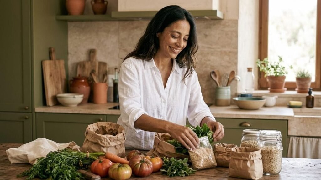 Woman unpacking groceries for a mediterranean diet food list