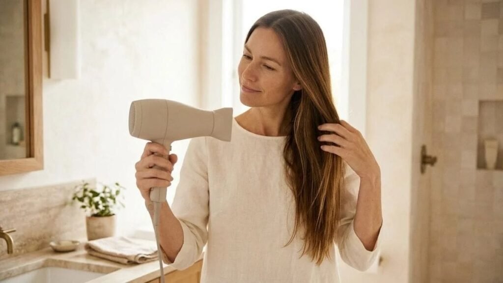 Woman using a blow dryer away from her hair, a tip on how to get shiny hair