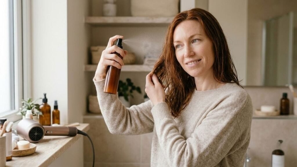 Woman using heat protectant before a dryer in a hair care routine for split ends