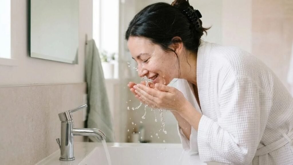 Woman washing her face at a sink, the first step of a basic skincare routine for women