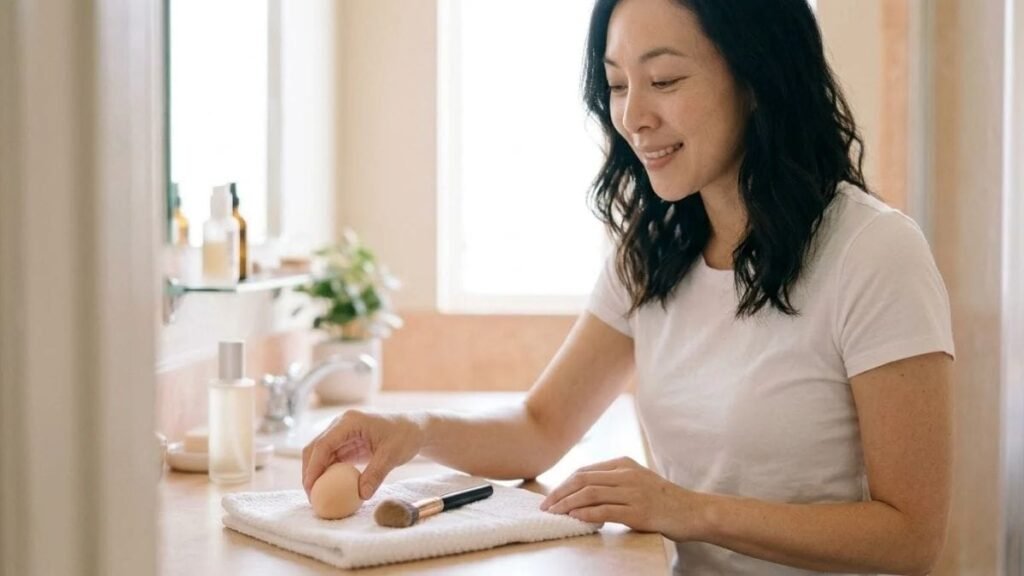 Woman with a clean sponge and brush on a towel after how to cover dark circles with makeup
