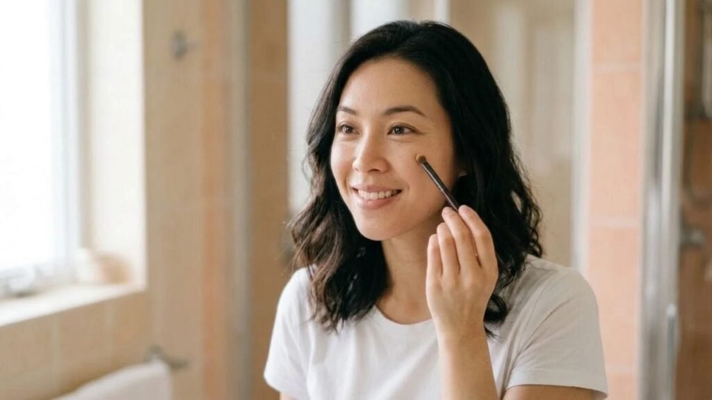 Woman with a concealer brush near a mirror, how to cover dark circles with makeup