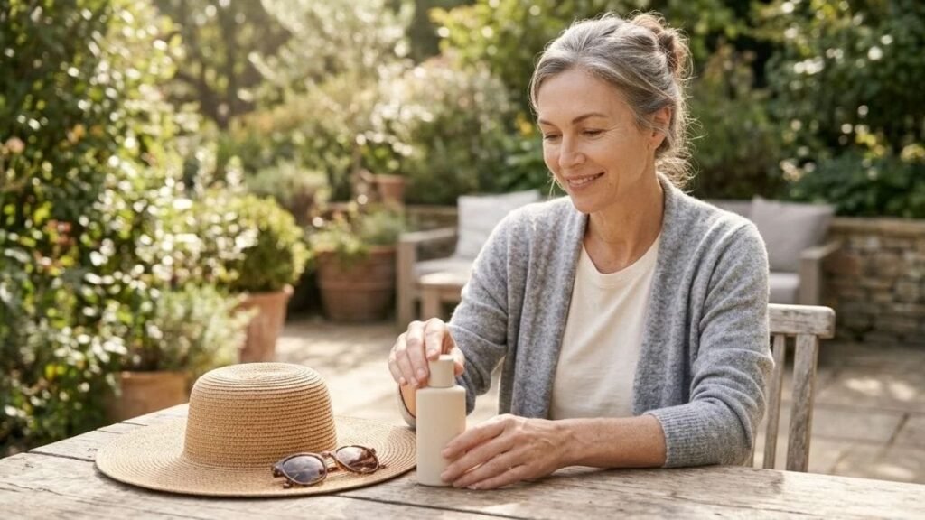Woman with a hat and sunscreen for sun care in a skin care routine for women over 40