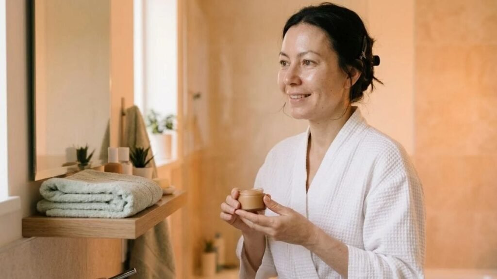 Woman with a night moisturizer jar in a basic skincare routine for women