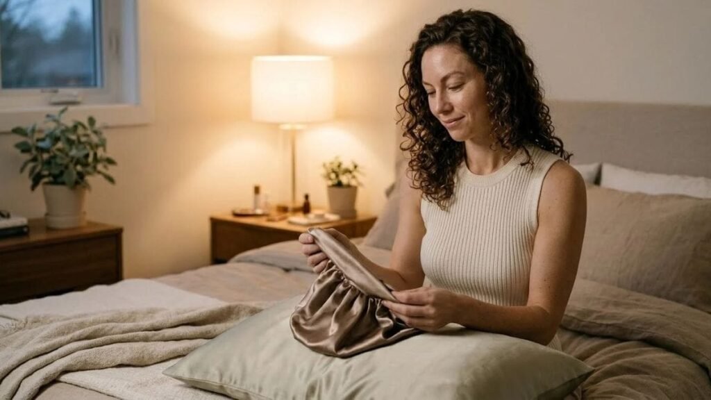 Woman with a satin bonnet and pillowcase for night care in a hair care routine for curly hair