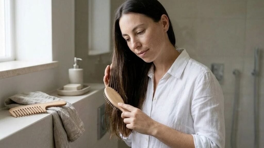 Woman with a soft brush and wide-tooth comb caring for low porosity vs high porosity hair