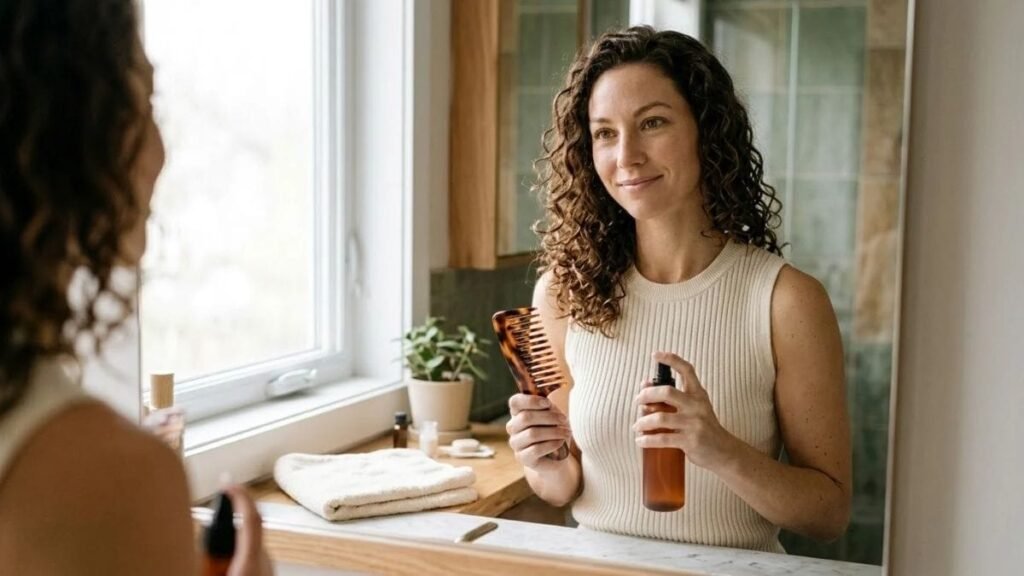 Woman with a wide-tooth comb and spray bottle following a hair care routine for curly hair