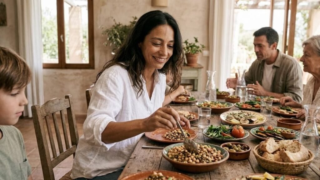 Woman with chickpeas, lentils and nuts from a mediterranean diet food list
