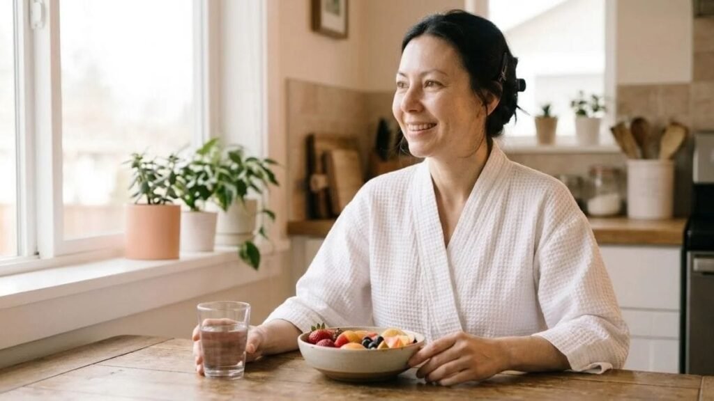 Woman with fruit and water supporting a basic skincare routine for women