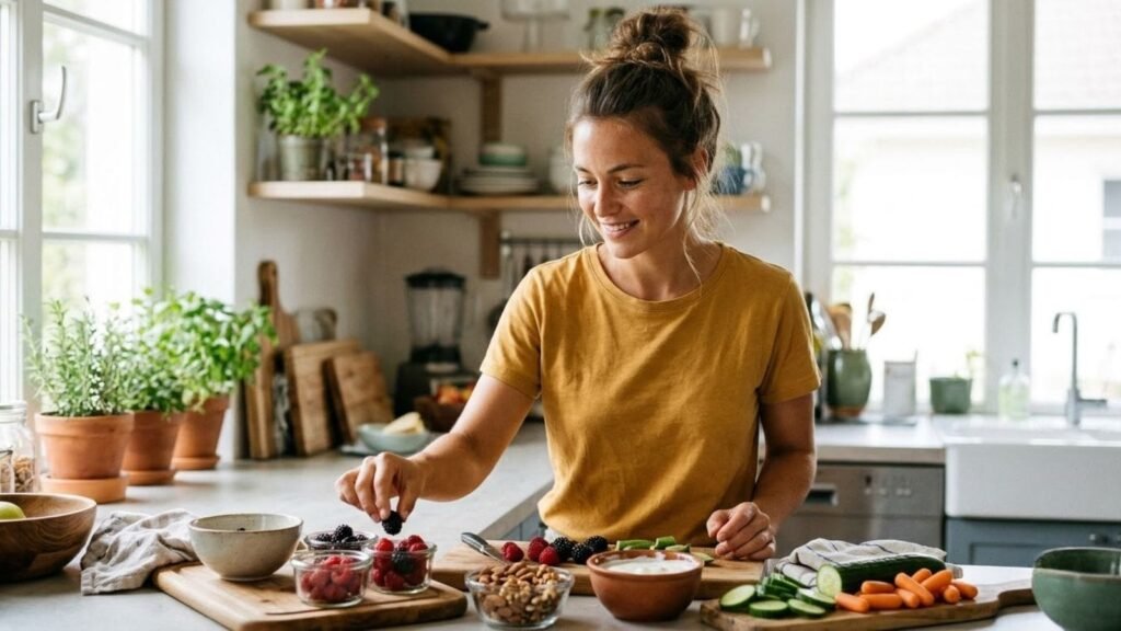 Woman with fruit, nuts and yogurt from a healthy snacks list on a kitchen counter