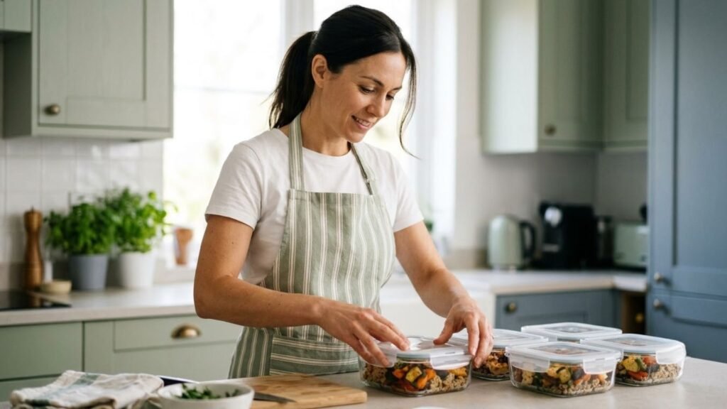 Woman with glass containers of prepared meals for meal prep for beginners