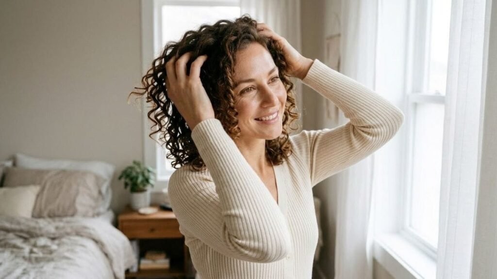 Woman with healthy defined curls near a window after a hair care routine for curly hair