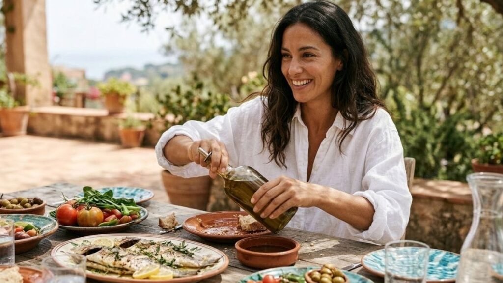 Woman with olive oil, vegetables and fish for a mediterranean diet food list