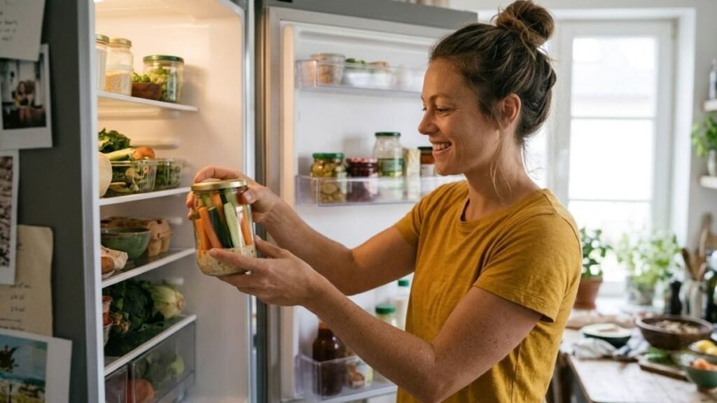 Woman with prepped jars of vegetables and dips from a healthy snacks list