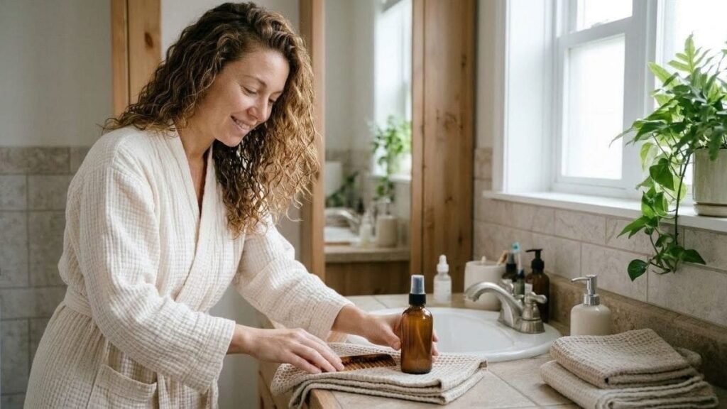 Woman with simple tools for how to detangle curly hair: comb, spray bottle and towel
