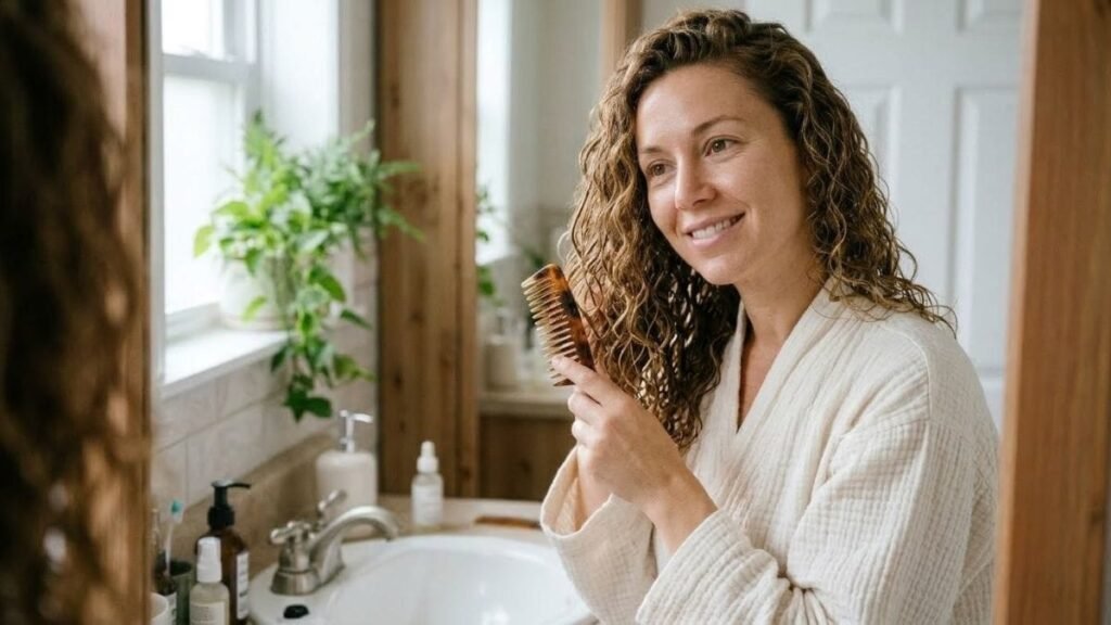 Woman with wet curls and a wide-tooth comb, a first look at how to detangle curly hair